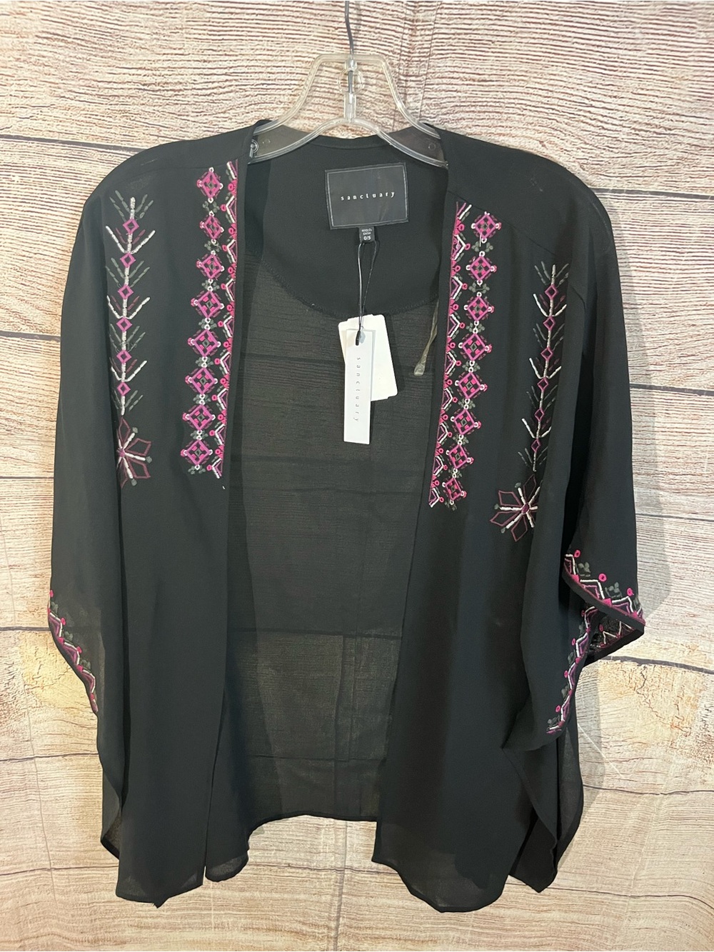 😍 Sanctuary Black Sheer Embroidered Open-Front Kimono with Pink Accents size 0